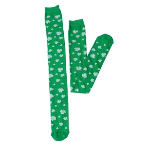 Close-up of St. Patrick's Day green over-knee socks with white shamrock pattern