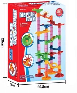 80-piece marble run set packaging and assembled colorful track blocks for ages 3 and up