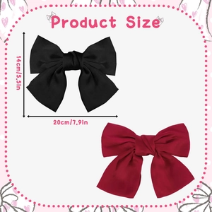 Detailed size chart for large bow hair clips in black and red satin fabric