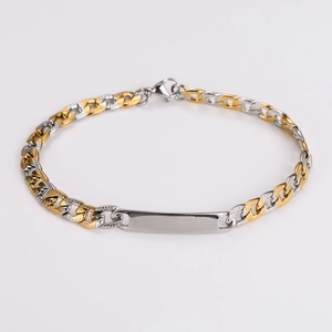 Detailed view of two-tone Cuban chain bracelet with blank rectangular ID plaque