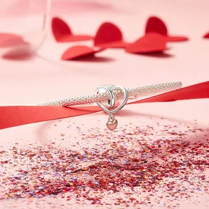S925 sterling silver heart charm bracelet with Family engraving and rose gold tassel