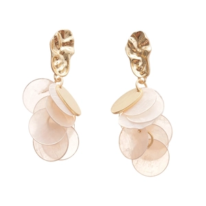 Geometric oval shell tassel drop earrings in gold finish with milky white round pendants