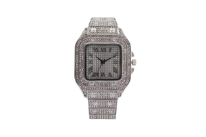 Detailed macro of a square iced-out watch showing pave rhinestones and screw dial accents