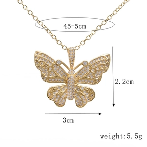 Detailed technical diagram of hollow gold butterfly necklace with size and weight info