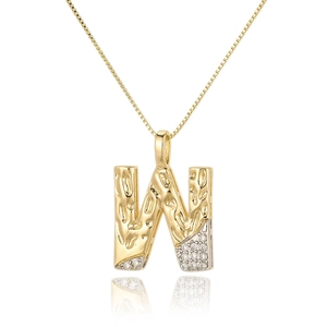 Detail of gold letter W pendant with hammered texture and zircon stones on chain