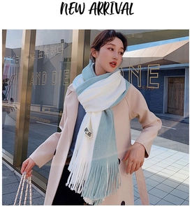 Detail of light blue and beige knit scarf with fringe and NPC AIRS brand label