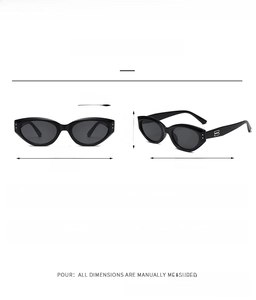 Detailed size chart for retro cat-eye sunglasses featuring exact frame and lens dimensions