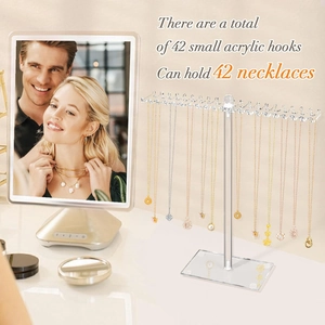Clear acrylic T-shape necklace holder with 42 hooks for organized jewelry display