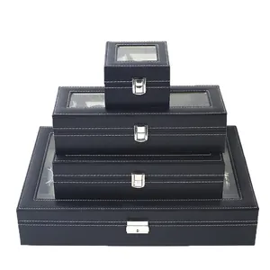 Black PU leather watch storage cases with glass windows and silver metal clasps