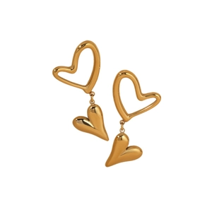 Polished gold stainless steel double heart hollow earrings for a minimalist look