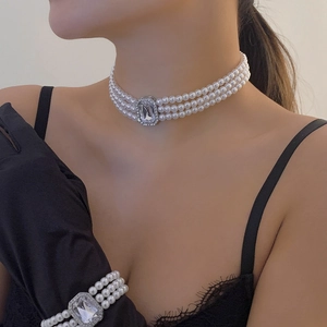 Three-layer faux pearl choker necklace and bracelet set with crystal rectangular pendant