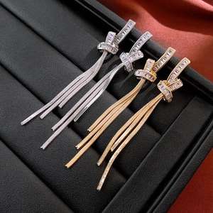 Elegant Knotted Bow Zircon Tassel Earrings With 925 Sterling Silver Earring Post Long Drop Copper Jewelry For Women