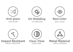 Detail view of large frame sunglasses showing UV protection and metal material features