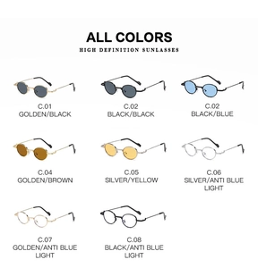 Grid display of stylish round sunglasses and anti-blue light glasses in various colors