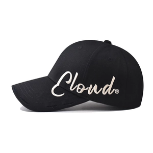 Black cotton baseball cap with white Cloud embroidery and distressed brim details