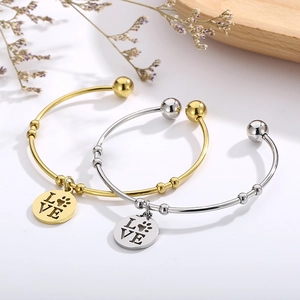 Stainless Steel Open Cuff Bracelet With Round LOVE Paw Print Pendant Ball Ends Minimalist Jewelry For Women