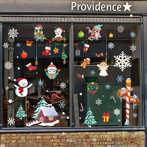 Weihnachtsfensteraufkleber Set mit Schneemann, Weihnachtsmann und Eule auf Glas Schaufenster