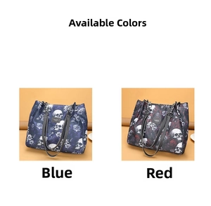 Detailed view of durable Oxford fabric tote bags featuring gothic skull and floral prints