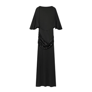 Elegant black midi dress featuring wide flare sleeves and sparkling sequin waist belt