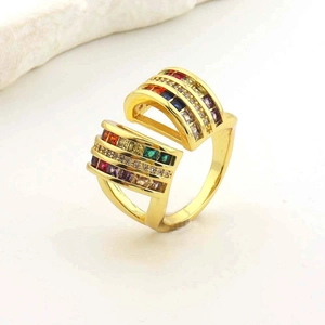 Chic multi-row golden open ring with vibrant colorful gemstones in a hip-hop geometric style