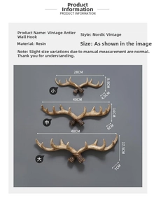 Detailed size chart for vintage resin antler wall hooks in small, medium, and large sizes
