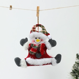 Detail of plush snowman Christmas tree hanging ornament with festive red and grey fabrics