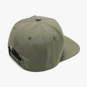 Olive green paisley snapback hat with flat brim and adjustable back closure for outdoors