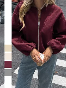 Women Short Zipper Jacket Fleece Texture Lantern Sleeve Casual Solid Color Autumn Loose Coat