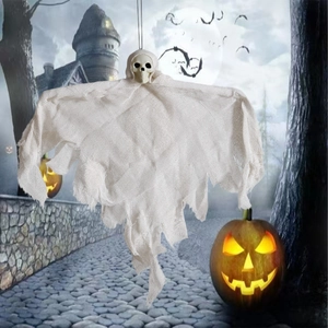 Halloween hanging ghost prop with skull head and tattered white gauze for spooky decor