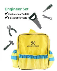 Detail view of yellow engineer backpack and plastic tool set including saw and hammer