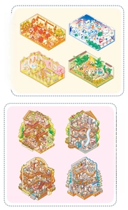 Detailed macro view of 8 miniature 3D scene stickers with cozy DIY architectural designs