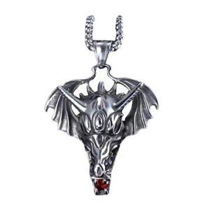Silver stainless steel dragon head pendant with red gemstone eyes and scales