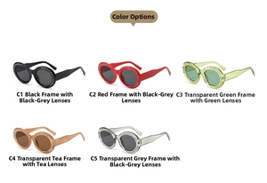 Oval rhinestone sunglasses collection in black, red, green, tea, and grey frame colors