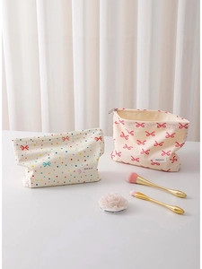 Minimalist cotton bow cosmetic bag set in cream canvas with red bow and polka dot patterns