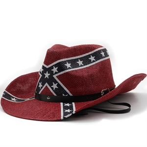 Classic red straw cowboy hat with American flag pattern and metallic star detail