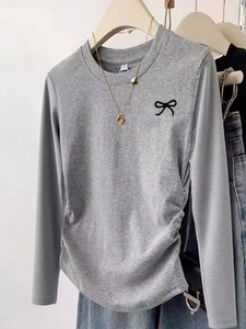 Women Long Sleeve T-Shirt Round Neck Bow Embroidery Side Ruched Slim Fit Solid Color Casual Pullover Top