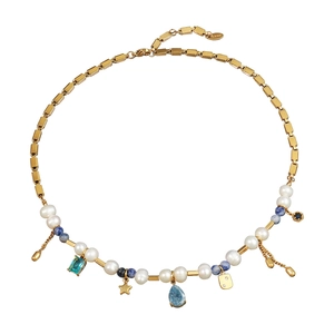 French vintage stainless steel necklace with fresh water pearls and blue charms