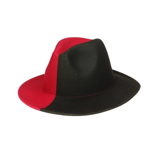 Detail of red and black gradient wide brim felt fedora hat with smooth texture