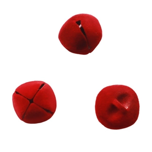 Three 2.5cm red flocked Christmas bells with cross cutout and top loops for DIY wreaths