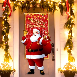 Christmas door banner featuring Santa Claus with a golden bell on a red festive background