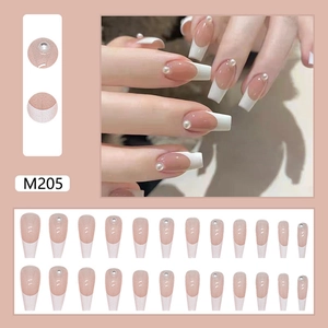 Long coffin french manicure press-on nails set with pink base and white pearls