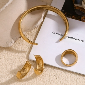 Detailed set of 18K gold plated stainless steel jewelry with textured ring and earrings
