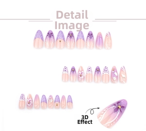 Detailed macro view of 3D embossed floral patterns and pearl accents on purple almond nails
