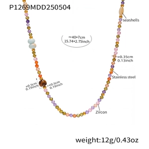 Detailed size chart of beaded shell and zircon necklace with steel components