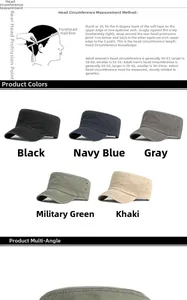 Detailed head measurement guide for flat top cotton caps with five color options