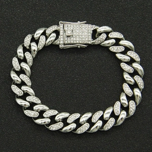 Hip hop Miami Cuban link bracelet with iced-out diamonds and silver metal finish