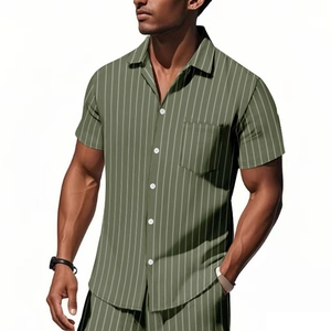 Men's summer casual two-piece set featuring green striped short sleeve shirt and shorts