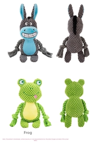Detail view of plush animal squeaky toys with durable cotton ropes for dog training