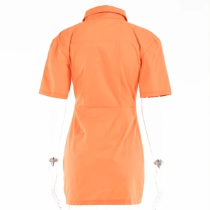 Rückansicht eines orangefarbenen Kleides mit kurzen Ärmeln, hohem Bund und Umschlagkragen