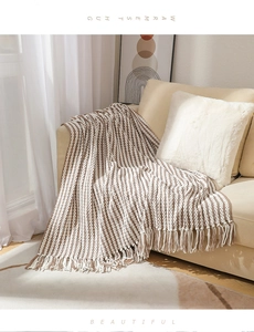 Detail of striped knit throw blanket with fringe tassels on a cozy living room sofa